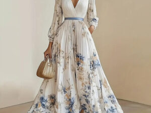 Women's Floral Print V-Neck Long Sleeve Maxi Dress A-Line Flowy Ruffled For Spring&Summer Vacation & Evening Party