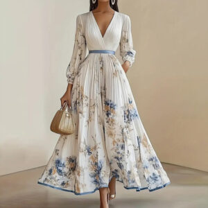 Women's Floral Print V-Neck Long Sleeve Maxi Dress A-Line Flowy Ruffled For Spring&Summer Vacation & Evening Party