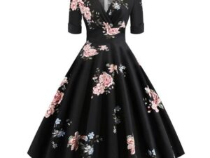 Green Solid Rockabilly S Vintage Ruched V Neck Party Dresses