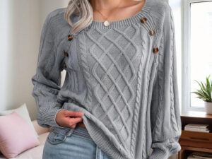 Women's Solid Color Casual Square Neck Button-Detail Knit Top - Textured Ribbed Pattern, Cozy Fall&Winter Sweater
