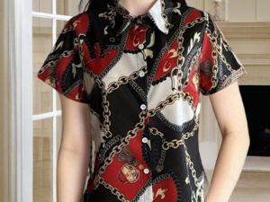 Women's Lapel Collar Short Sleeve Shirt - Chain Print Design, Button-Up Casual Top Comfortable Summer Wear