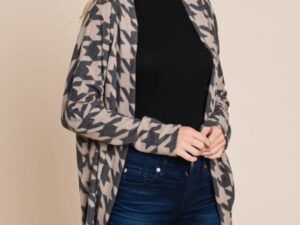 BOMBOM Houndstooth Open Front  Knit Cardigan