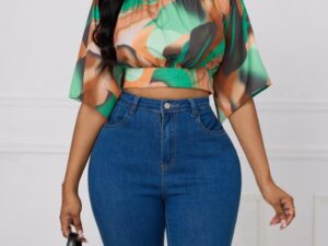 Ladies' Round Neck Printed Waist Cinched Shirt Top