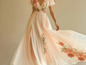 Women's Floral Print V Neck Pleated Chiffon Dress Flutter Short Sleeve Maxi Flowy Beach Wedding Guest Dresses