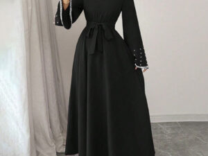 Women's Elegant Long Sleeve Maxi Dress - Sparkling Embellished High Neck Formal Gown With Waist Belt, Flowy Evening Dress For Vacation & Special Occasions