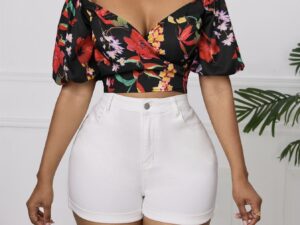 Ladies' Summer New Cross Wrapped Chest Lantern Sleeve Short Flower Printed Elegant Top