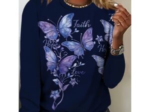 Women Butterfly Print Long Sleeve Shirts Faith-Hope-Love Graphic Tops Casual Loose Fit