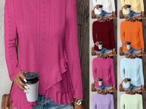 Women Eyelet Long Sleeve Tops Shirts Dressy Casual Crew Neck Ruffle Hem Blouses