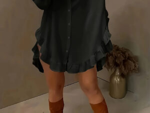 Women's Plus Size Casual Shirt With Ruffle Hem, Solid Color, Woven Polyester, Non-Stretch, Pointed Collar, Button Front, For All Seasons