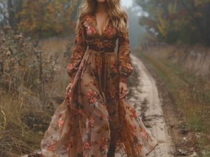 Women's V-Neck Floral Print Long Sleeve Dress With Cuffed Sleeves Flowy Maxi Summer Vacation Party Dress