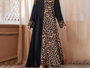Womens Leopard Print Maxi Dresses Color Block Long Sleeve Dress Casual Summer Dresses