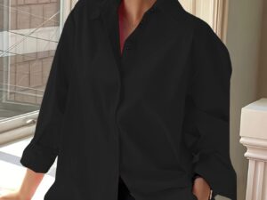 Plus Size Women's Elegant Casual Business Long Sleeve Shirt - Classic Collar Button-Up Blouse, Solid Color Non-See-Through Fabric,