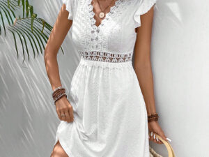 Women's V Neck Lace Mini Dresses Casual Summer Ruffle Sleeve Crochet Sundresses