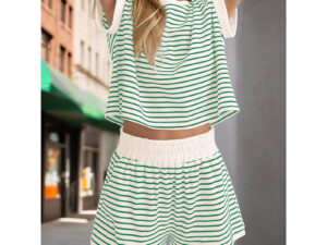 Women Summer 2 Piece Lounge Sets Striped Short Sleeve Tee Shirts Loungewear Shorts Set