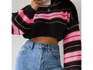 Women's Color Block Striped Sweater Crew Neck Lantern Sleeve Cropped Pullover Tops