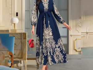 Women's Bohemian Floral Print Dress Ethnic Middle Eastern Style Long Sleeve Tiered Maxi Dress With Drawstring Waist