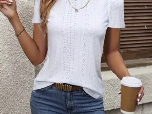 Ladies' Summer Solid Color Versatile Casual Style Hollow Pattern Round Neck T-shirt Top
