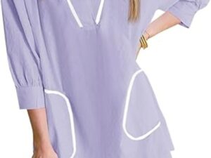 Saodimallsu Womens V Neck Swimsuit Coverup Sleeve Collar Color Block Oversized Cover Ups Mini Beach Dress With Pockets