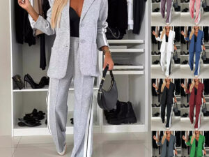 Women's Casual Suit Lapel Single-breasted Jacket And Striped Straight Pants Fashion Sports Trousers Suit Outerwears Clothing