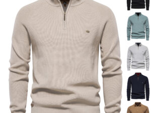 Men's Zipper Stand Collar Knitted Sweater Fashion Slim Solid Color Long Sleeve Half Turtleneck Top Men's Clothing