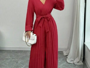 Casual Lace-up Solid Color Cross High Waist V-shaped Pleated Jumpsuit